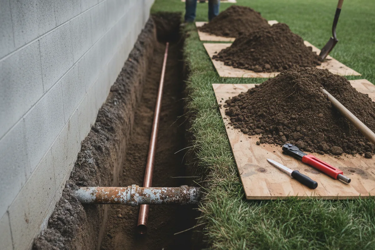 Excavated water line trench during Sewer Line Repair in Maytown